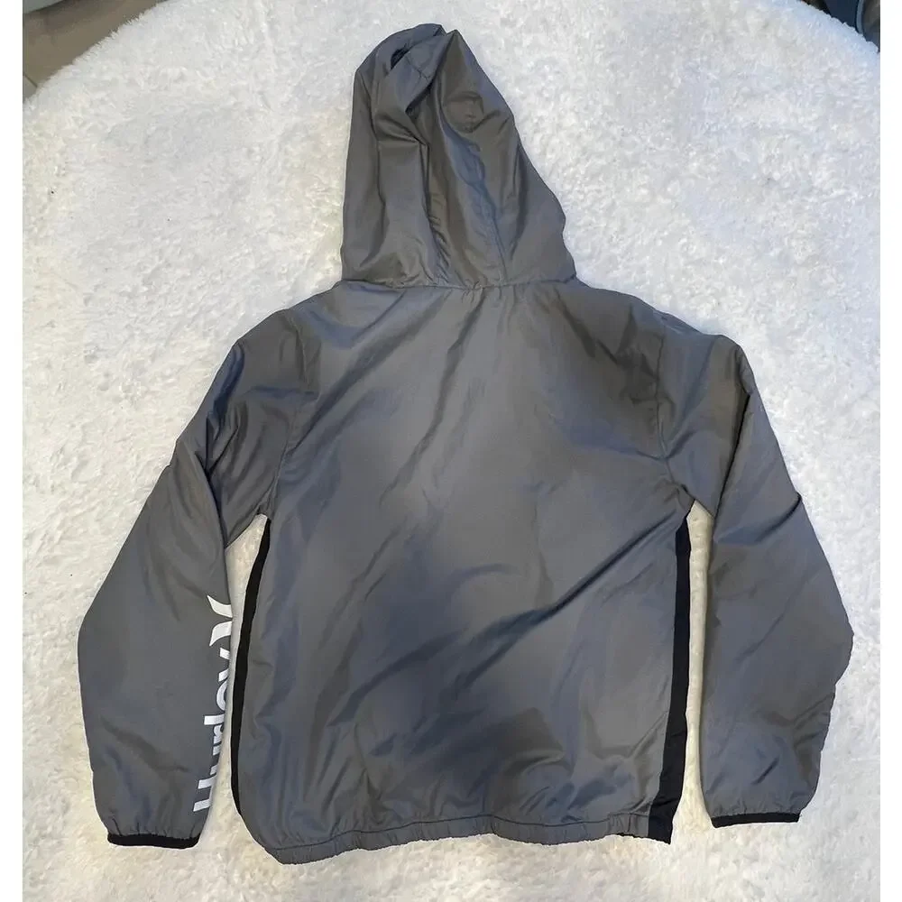 Hurley Jacket Youth Large Logo Light Weight Zip‎ up Wind Breaker Gray Black